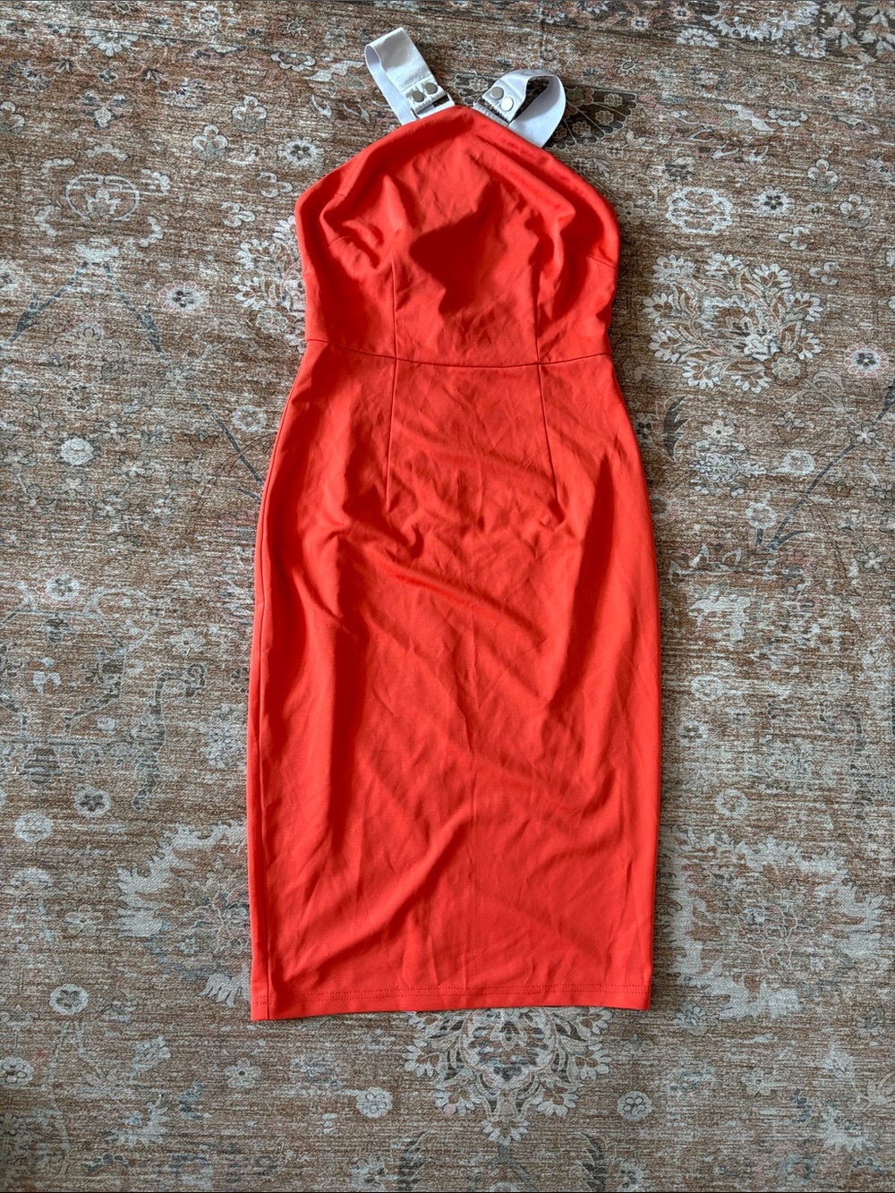 Red Strapless Midi Dress with White Buckle Straps